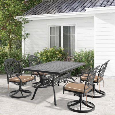 All-Weather Cast Aluminum Dining Set with Swivel Chairs and Rectangular Table for Unforgettable Outdoor Dining Experiences, by Canora Grey