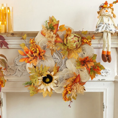 Fall Mesh Wreath with White Sunflower, Artificial Maple Leaf Berries Artichoke Front Door Wreath, Autumn Harvest Thanksgiving Farmhouse Decor Wreath for Wall Window Home Porch