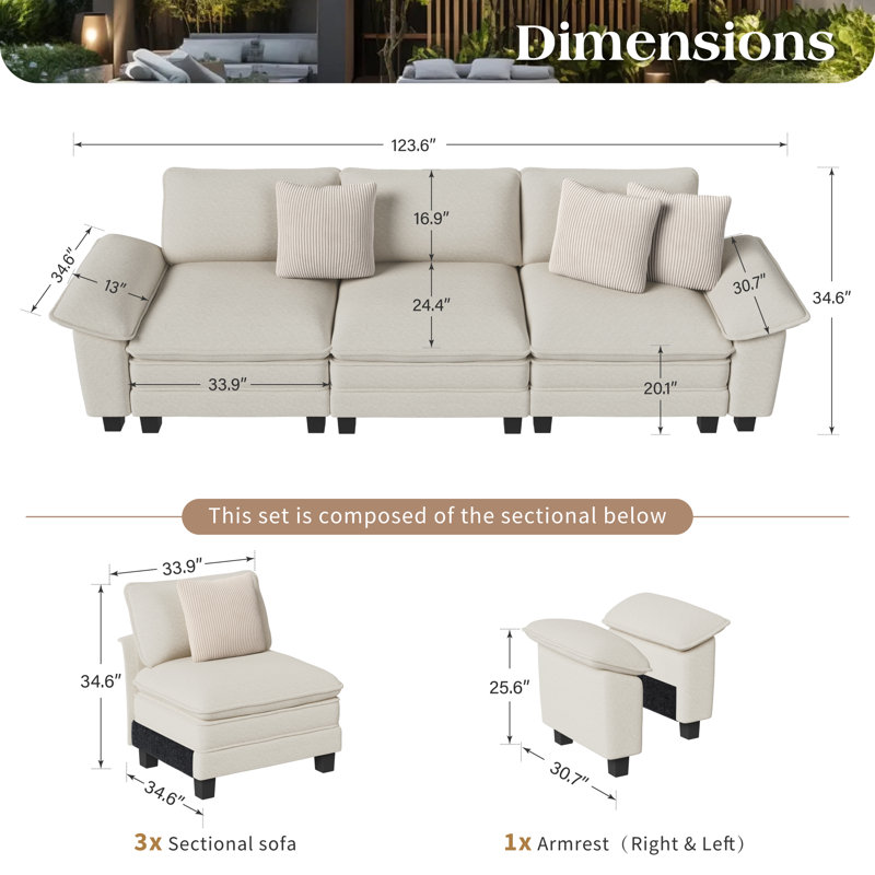 Chenille Chaise End Sofa, 3, Ivory Chenille