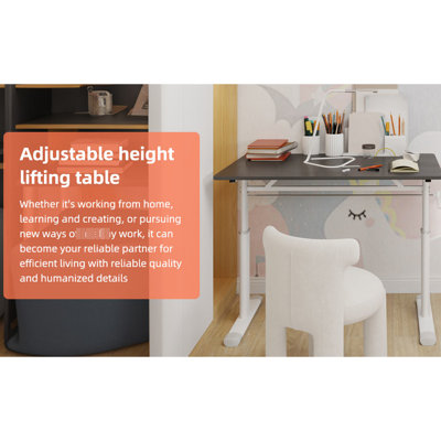 Height - Adjustable Desk For & Adults, Hand Adjustment, White Table Legs, Iron And Wood Material, Good Home Office With Double Column Support, Study Small Areas