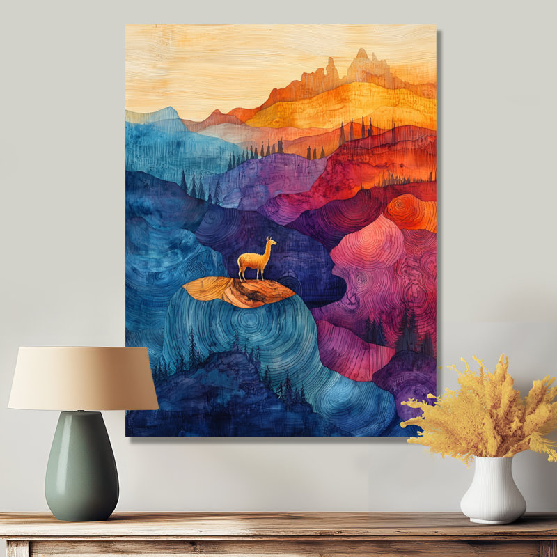 «Llama In The Rainbow Mountain Slide», reproduction d'art moderne en métal, décoration murale en métal lama