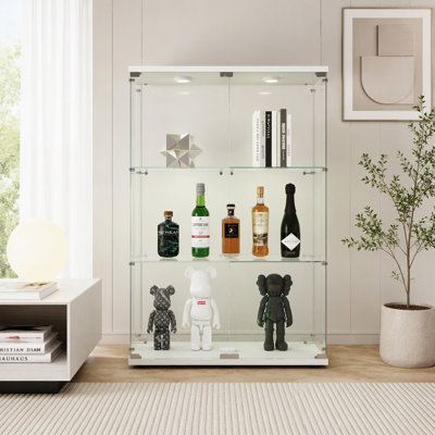Tempered Glass Display Cabinet with Lockable Casters, Remote Controlled RGB PAIPAI LED Light Curio Cabinet, 110 LBS Capacity, Mobile Collection Showca