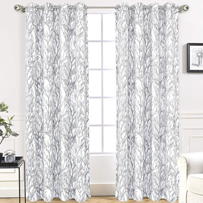 Tree Branch Blackout Curtains Double Layer 84 Inches Long for Bedroom Printed Patterned Classic Thermal Insulated Summer Sound Lined Grommet Drapes for Living Room 2 Panels Gray/White