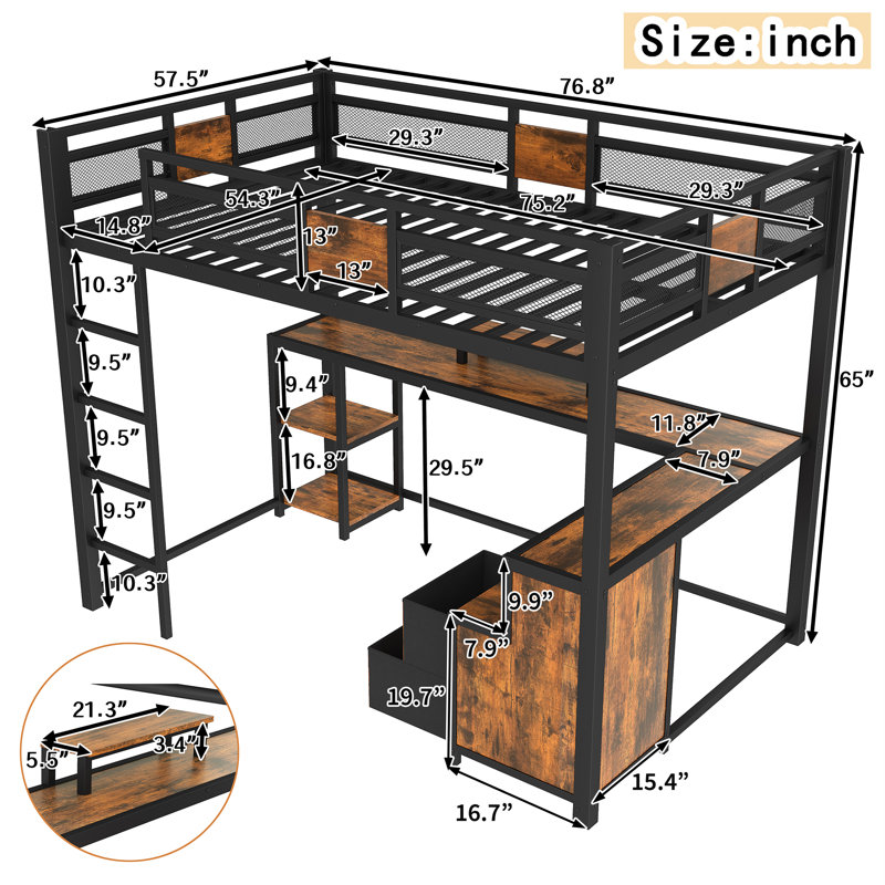 Full Loft Bed with Desk & Storage, Metal Frame with Non-Woven Drawers, Ladder, Noise-Free, No Box Spring Needed – Black