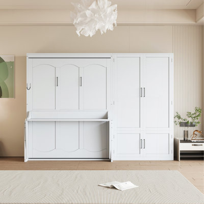 Grand lit escamotable mural avec placard, blanc