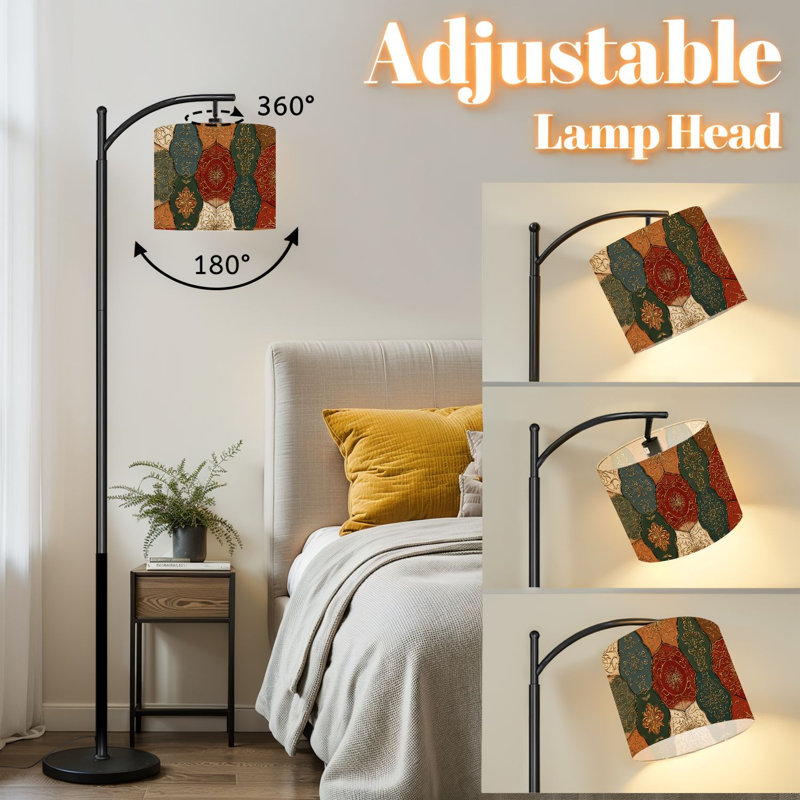 Lampe sur pied à arc avec abat-jour réglable, lampe sur pied à motif géométrique marocain vintage, 3 températures de couleur, gradateur haut avec interrupteur au pied pour la chambre à coucher