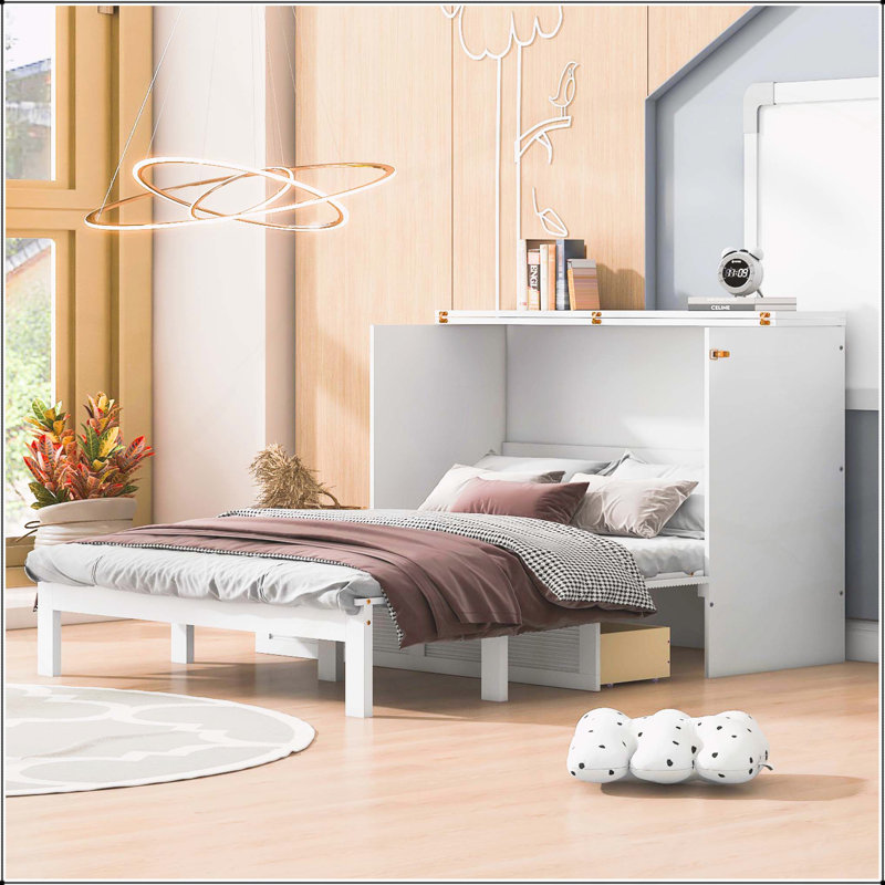 Lit escamotable double avec tiroir et ensemble de prises et ports USB, Blanc