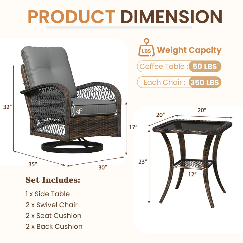 Outdoor Swivel Rocker Bistro Set - 3 Piece Wicker Patio Set With 2 Swivel Rocking Chairs, Cushions, And Tempered Glass Side Table, Perfect For Porch, Garden, Backyard, Poolside
