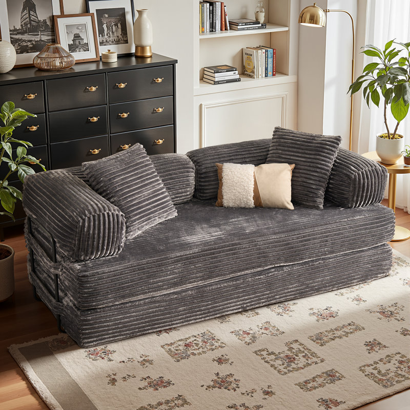 Boneless 80.5'' Mordern Convertible Sleeper Sofa Corduroy Loveseat Sofa Bed, Foldable Floor Couch, Gray Plush