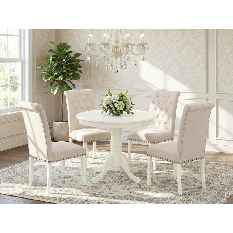Ensemble de table de salle à manger 5 pièces comprenant une table de cuisine ronde avec piédestal et 4 chaises de salle à manger en lin beige clair, lin blanc