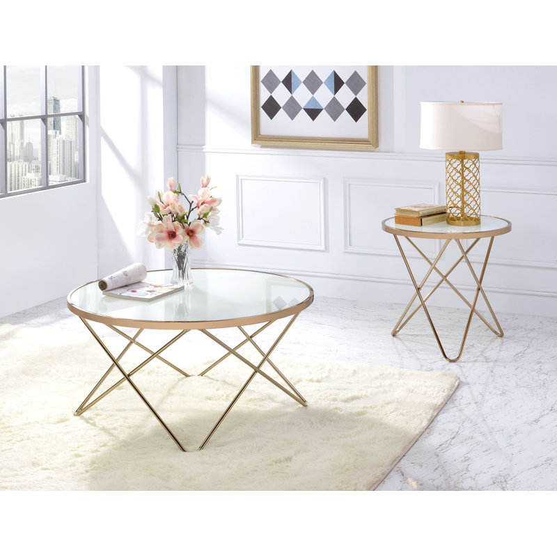Theydon Contemporary 22"Dia Round Glass Cross Legs End Table in Champagne, White