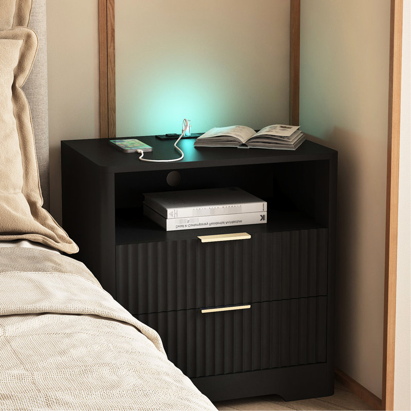 Smart Nightstand With Night And Dual Charging Ports Setup, Black Bedside Table For Bedroom Decor Station Voice - Controlled , Storage Cabinet, 22.19 In Depth, 15.29 Width, 24.13 Height