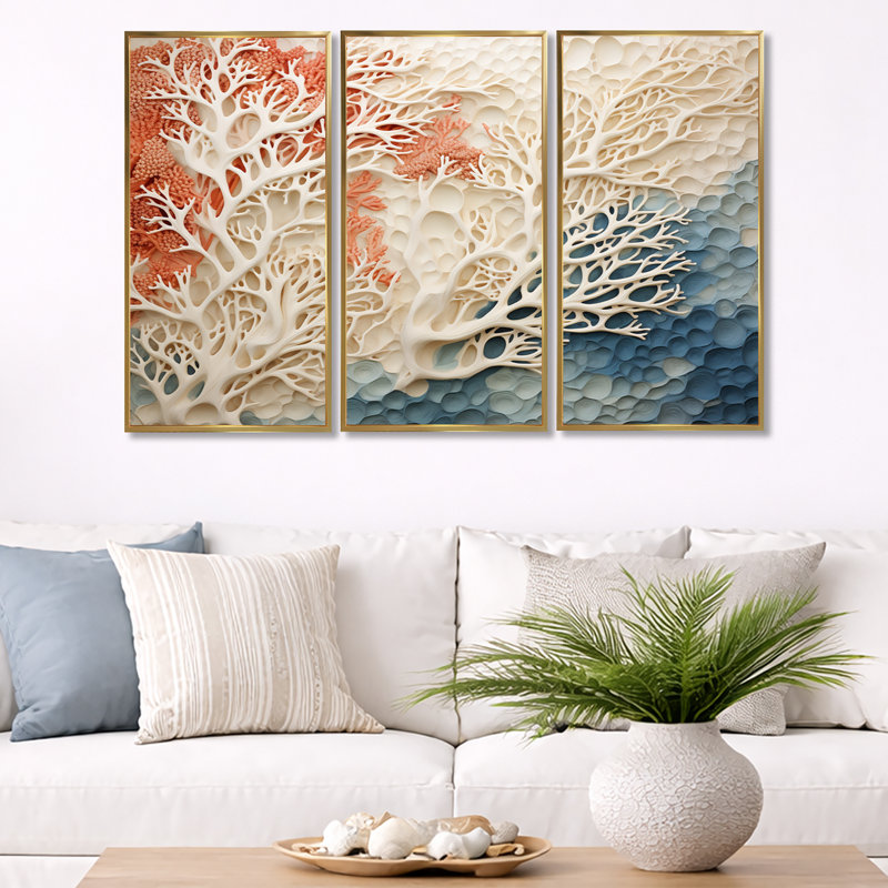 Forcier - ensemble d'impression d'art mural corail sous l'eau, Cadre flottant doré, H 32 po x l 48 po x P 1 po