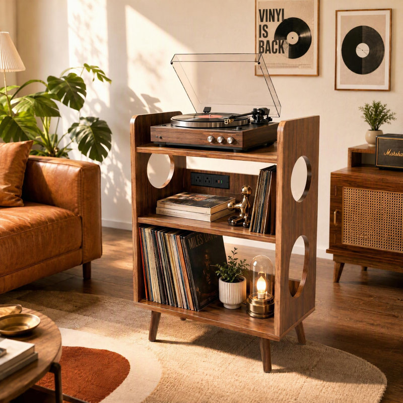 Meuble pour platine vinyle de style années 50 avec station de recharge, rangement pour disques 7 po, 10 po et 12 po, meuble télé pour salon.