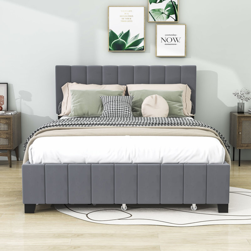 Grand lit plateforme tapissier avec rangement Baylian, gris