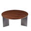 Table basse d'apparence ronde en noyer - Pieds en métal noir, base en bois massif robuste et simple