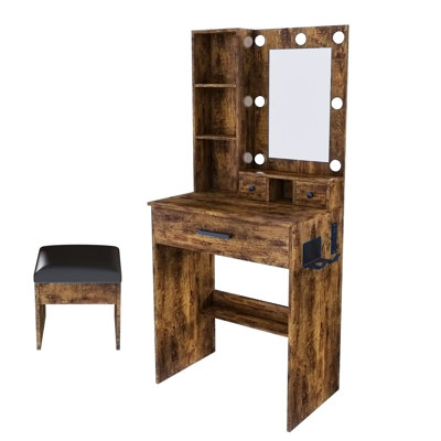 Table de coiffeuse avec miroir à DEL, prise de courant et tabouret