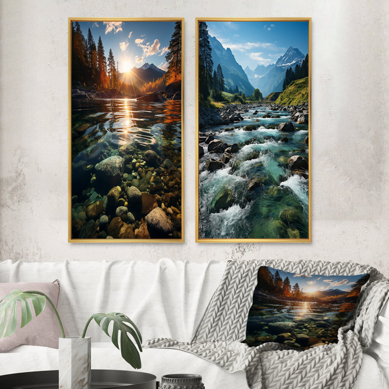«River Reflections», 2 pièces sur toile, H 32 po x l 32 po, Encadrement doré