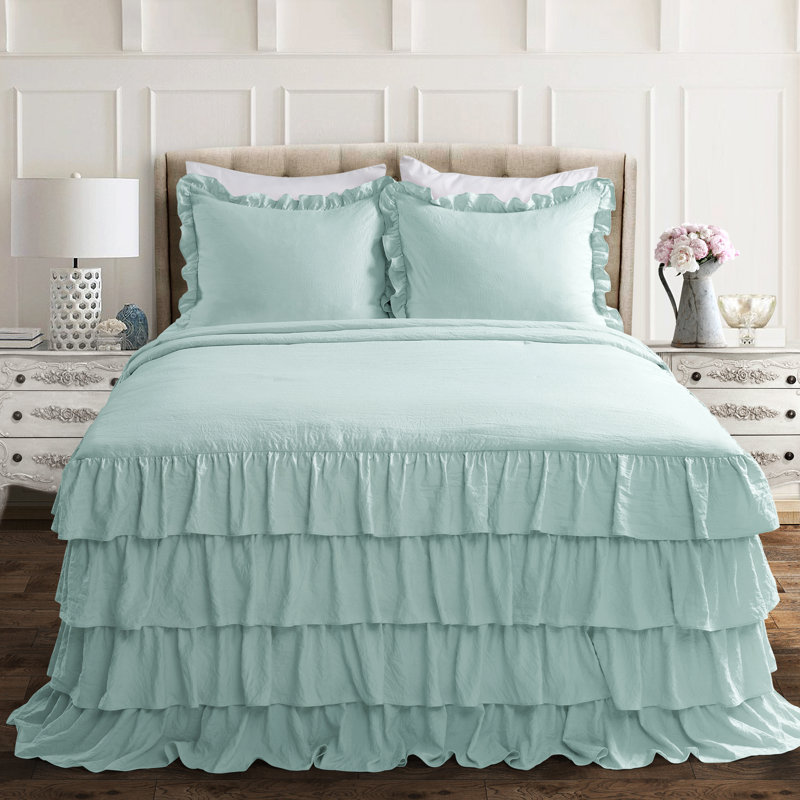 Allison Ruffle Skirt Ruffle Skirt Bedspread Set, Aqua, Queen Bedspread + 2 Standard Shams