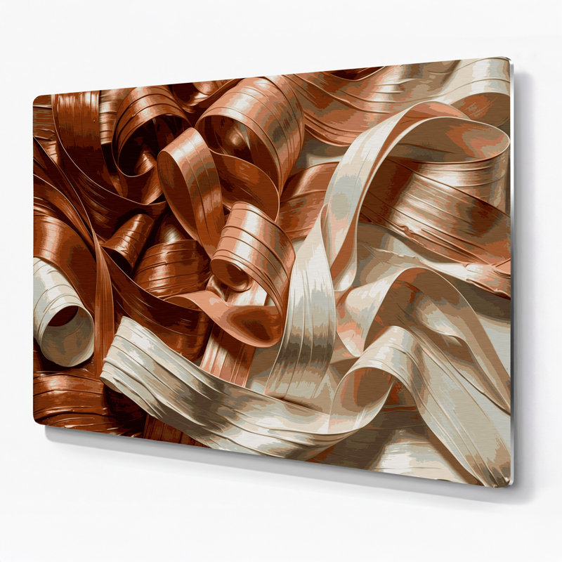 Art mural horizontal rayé à la cannelle en métal brun crème, H 12 po x l 18 po