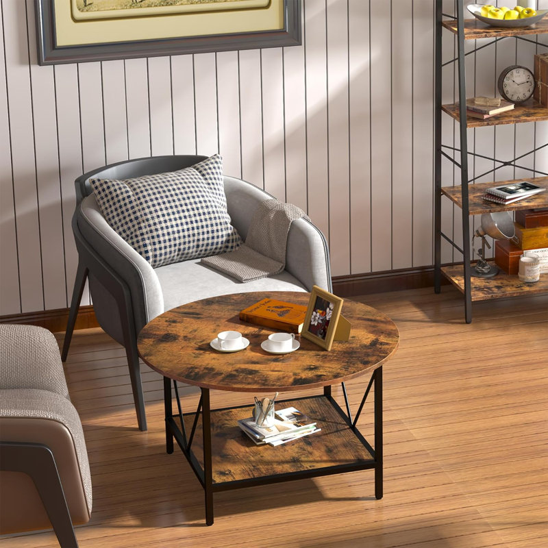 Krystaline 31.5" Coffee Table, 2-Tier Open Storage, Round Coffee Table, Brown Top/Black Base