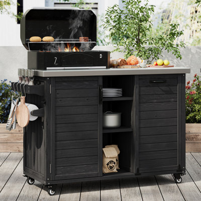 Îlot de cuisine 78,3 po avec table de barbecue pliable - Chariot de barbecue en bois, rangement pour poubelle et plateau en acier inoxydable