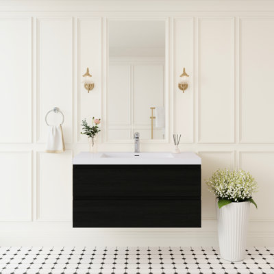 Meuble-lavabo de salle de bain flottant 42 po avec lavabo à surface solide, tiroirs à fermeture en douceur, comptoir en résine de bois entièrement assemblé, fonctionnalité moderne, esthétique