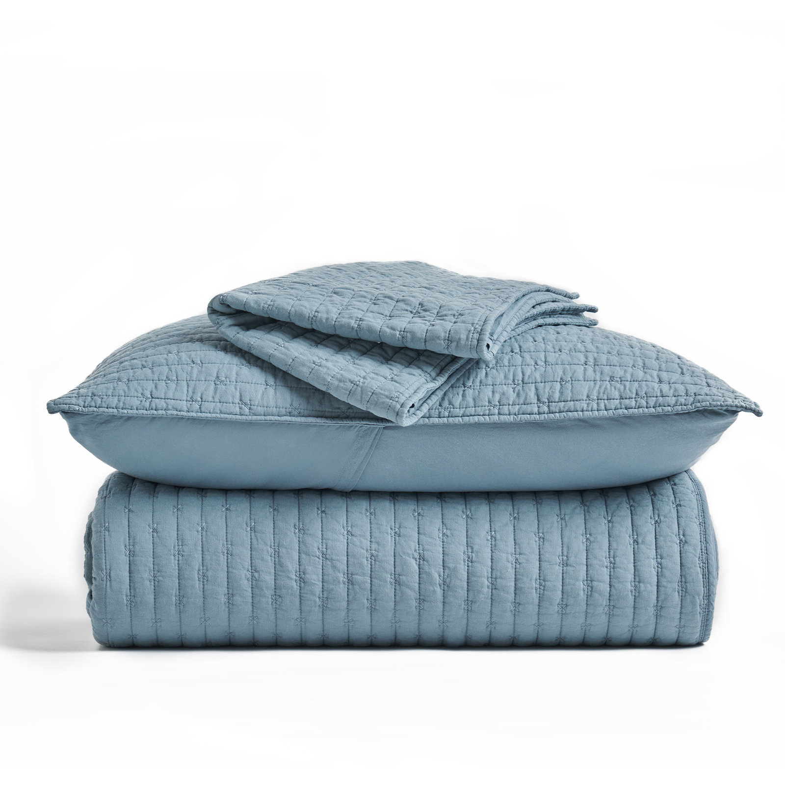 Cross Stitch Cotton Quilt set, Dusty Blue, Queen