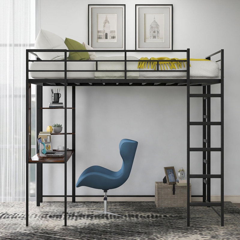 Lit mezzanine double en métal avec 2 tablettes et un bureau, Noir