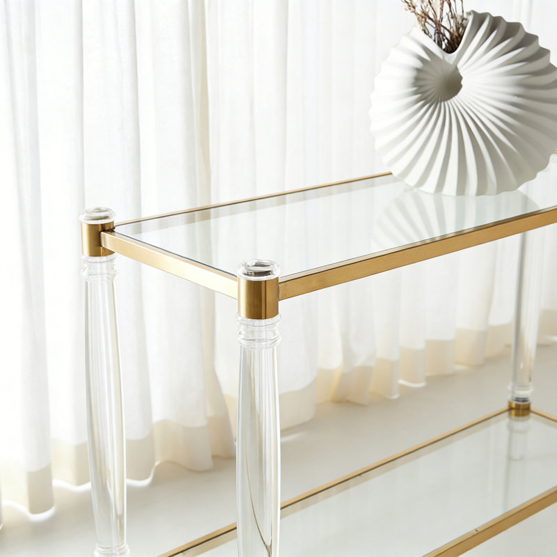 Simple acrylic transparent glass console table, 31.5" H x 31.5" W x 13.78" D, Clear/Gold