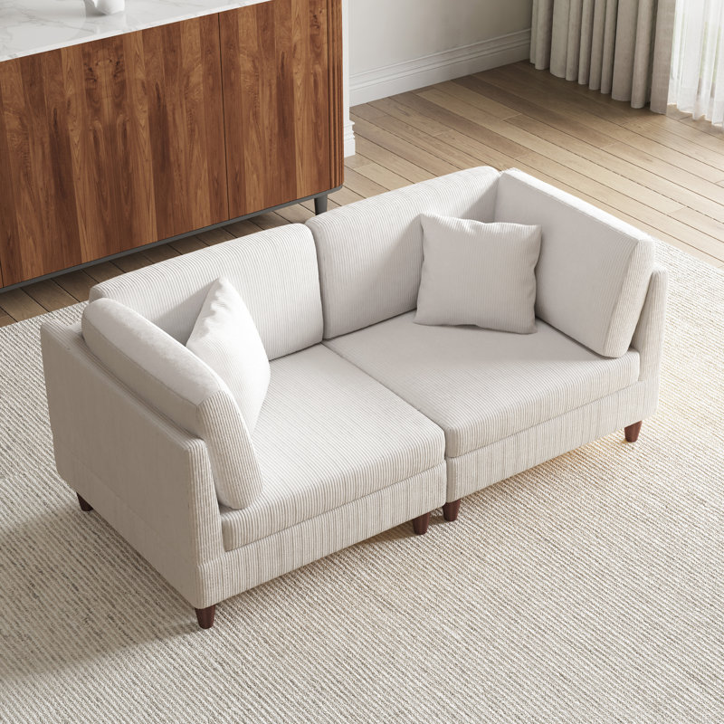 2 - Piece Upholstered Corduroy Modular Sectional with Pillow Back and Solid Wood Legs, Beige