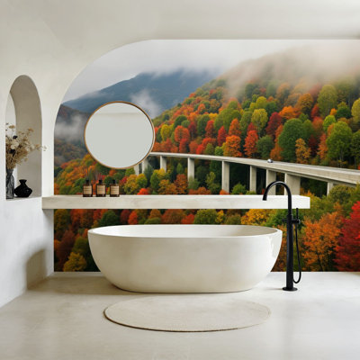 Papier peint adhésif Peaceful Pog and Stick Foggy Autumn Day Blue Ridge Parkway Linn Cove Viaduct, papier peint amovible en PVC de 100 po x l 144 po pour chambre à coucher, bureau à domicile, bureau à domicile
