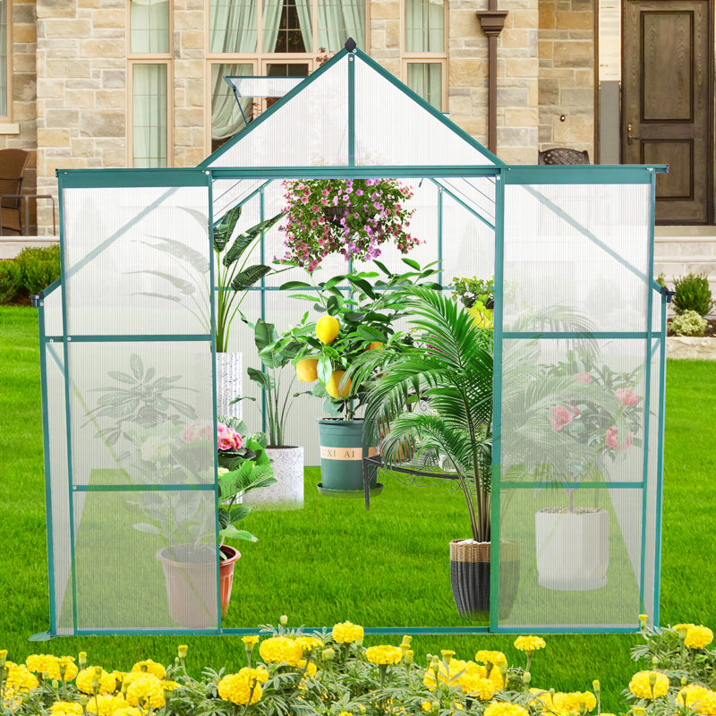 Serre extérieure en polycarbonate de 2,4 x 2,4 m (8 x 8 pi), avec base galvanisée, toit ajustable, double porte, utilisable en toutes saisons, idéale pour le jardinage extérieur par tous les temps.