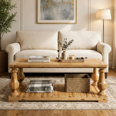 Farmhouse Coffee Table with Storage Shelf and Turned Legs