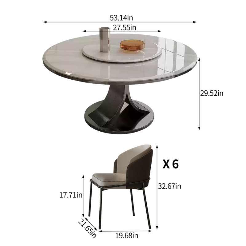 Modern simple microcrystal round dining table set, 29.52"H x 53.14"L x 53.14"W, 7 Pieces: Table, 6 Chairs