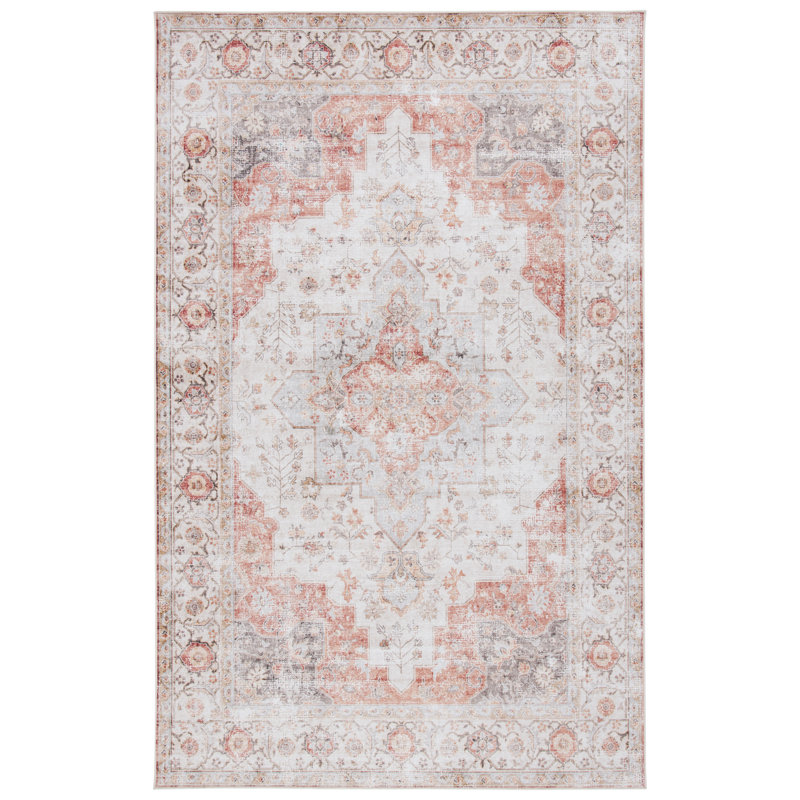 Tucson Windsor Machine Washable Non-Slip Area Rug In Light Grey & Rust, Rectangle 76 x 122 cm
