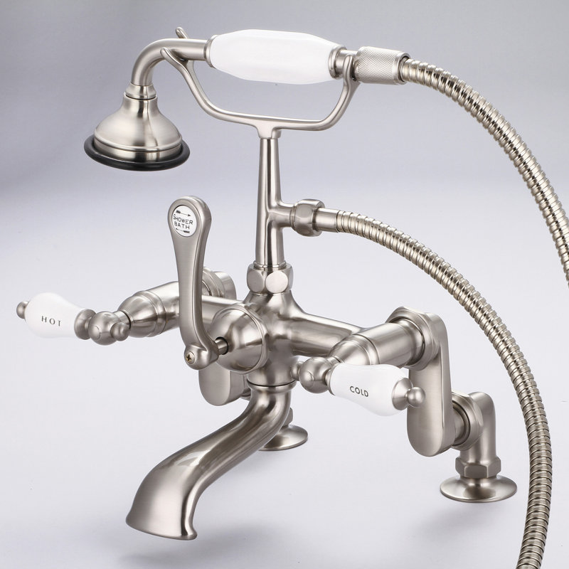 Stonington Deck Tub Filler, Hot and Cold Labeled Porcelain Lever Handles, Polished Nickel