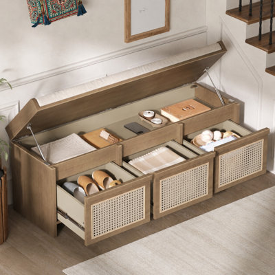 Banc de rangement en panneau de fibres à densité moyenne pour hall d'entrée avec tiroirs en rotin et coussin de rangement