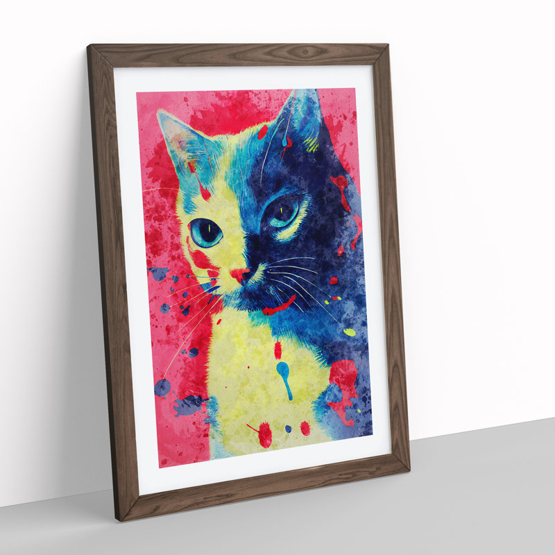 Catt Paint Splash No.3 - Wall Art, 48cm H x 36cm W, Walnut Framed, White