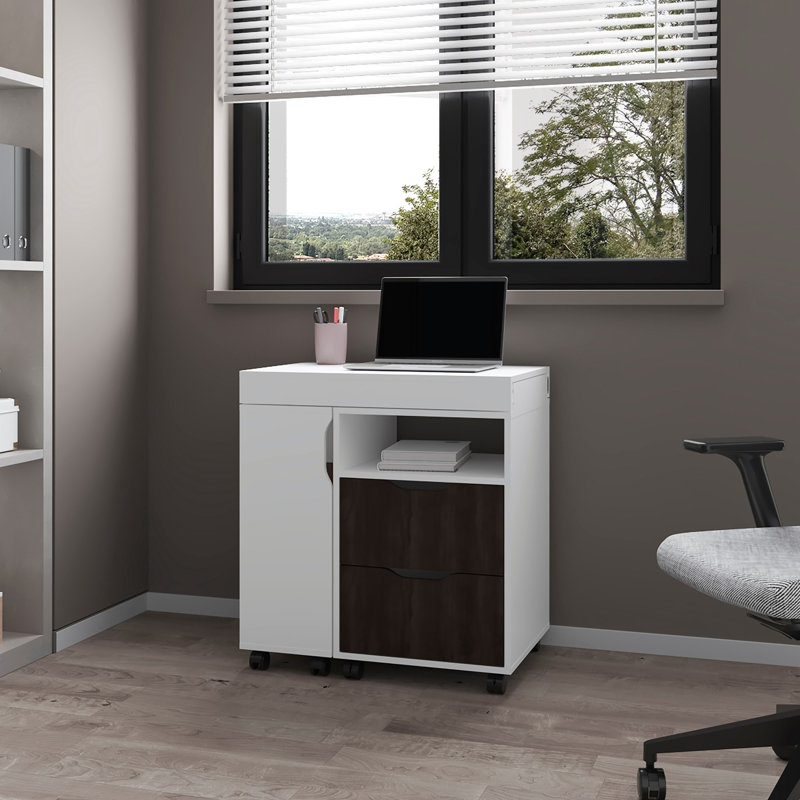 Loris Extendable Desk with Two Drawers, Open Shelves, and Sliding Mechanism