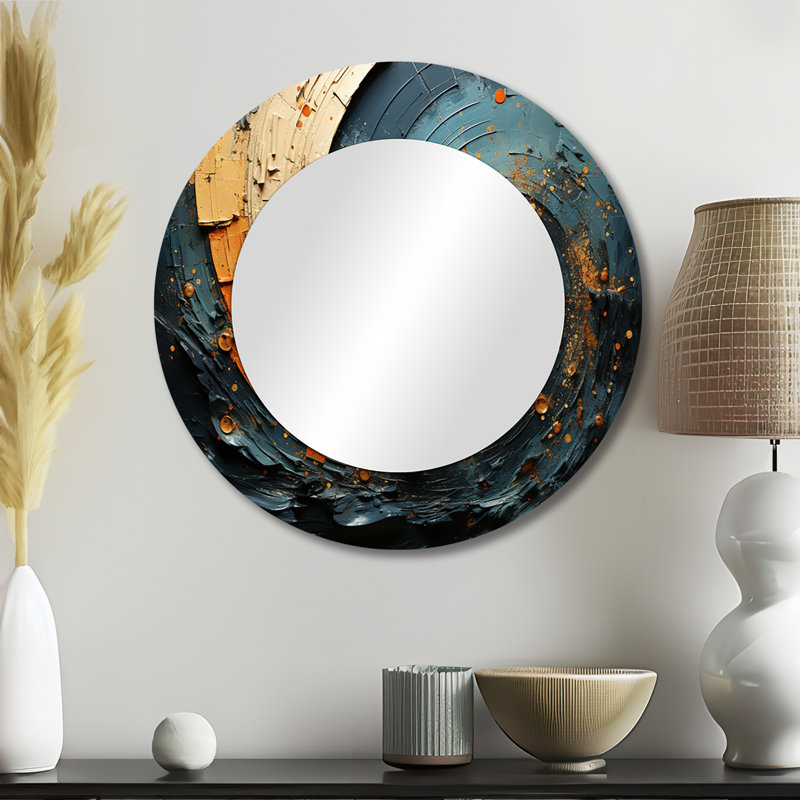 Orange bleu sarcelle abstrait spirales II - abstrait spirales miroir, 23 po x 23 po