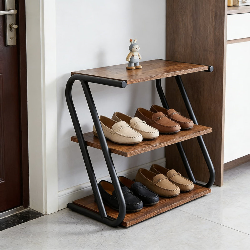 3-Tier Shoe Rack Organizer With Double S-Shaped Metal Frame, Space-Saving Design For Entryway, Hallway, Or Bedroom, Rustic Wood Look Finish