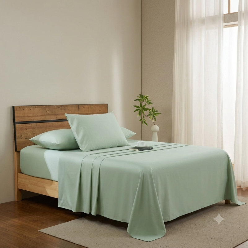 Ensemble de draps en coton égyptien 100 % vert tendre, poches profondes, avec taies d'oreiller, format King, Très grand lit