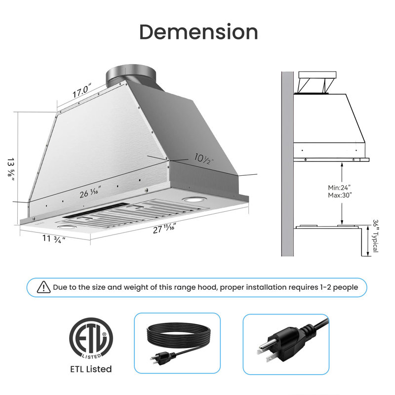 VIKIO 30" 900 CFM Convertible Insert Range Hood in Stainless Steel with 3-Speed, Stainless Steel
