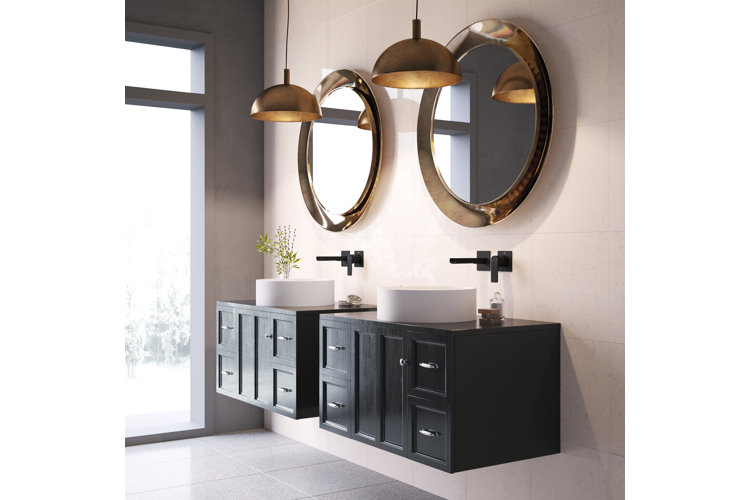 half bathroom with statement lighting