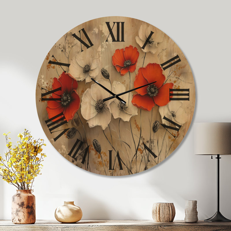 Horloge murale en bois de style ferme « Coquelicots des prés pourpres II », Extra Large