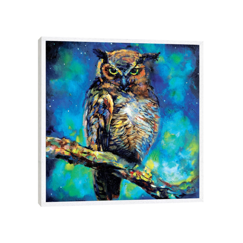 Great Horned Owl by Sue Gardner - Painting on Canvas, 45.72 cm H x 45.72 cm W, White Framed