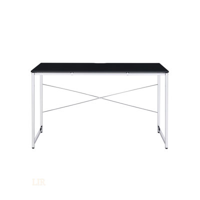 Modern Black & Chrome Writing Desk With Sturdy X-Shape Frame And Spacious Leg Room For Home Office
