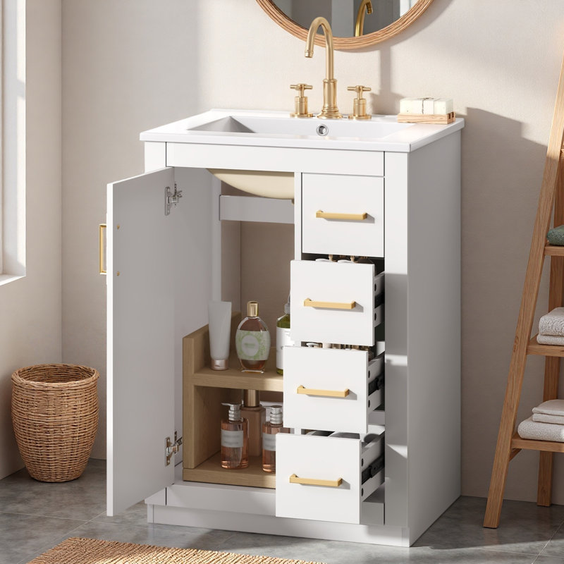 Meuble-lavabo avec lavabo en céramique, 1 armoire et 3 tiroirs, Blanc