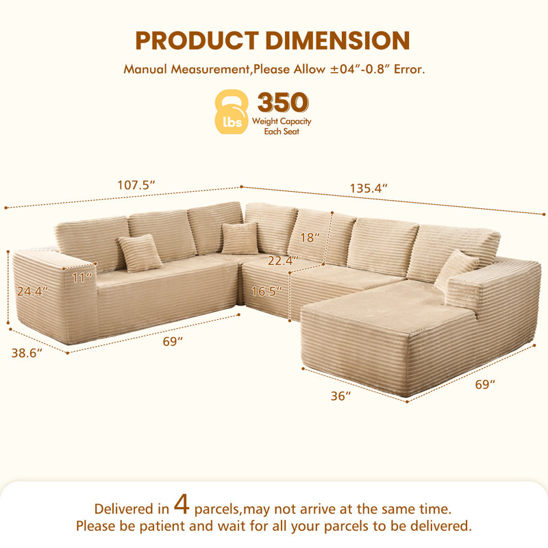 Koyu No Assembly Required Compression Packed 4-Piece Cloudelle Plush Corduroy Fabric Cloud Boneless Sectional With U-Shape Chaise,Modern Modular Sofa With Deep Seat
